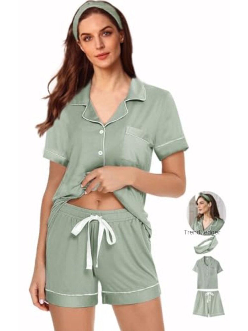 3-Piece Women's Pajama Set with Headband - Soft Knit Jersey Button Down Lounge